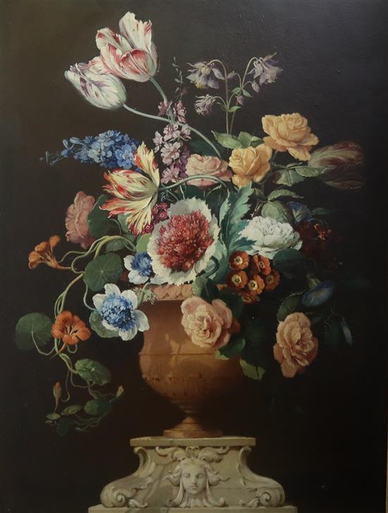 Attributed to Herbert David Richter, oil on board, Still life of flowers in a vase upon a ledge, 60 x 43cm